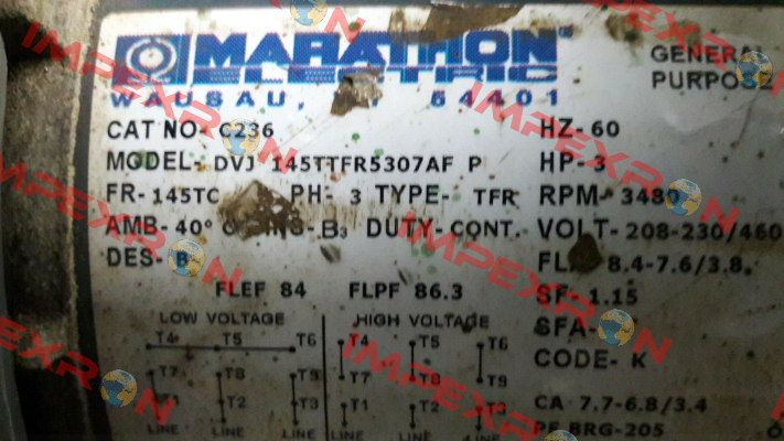 DVJ 145TTFR5307AF P Obsolete!! Replaced by 145TTFR16105  Marathon (Regal)