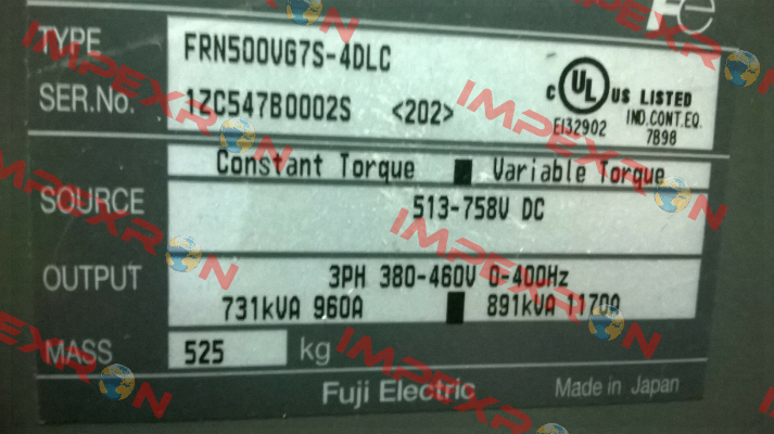 Type: FRN500VG7S-4DLC S/N: 1ZC547B0002S 202  Fuji